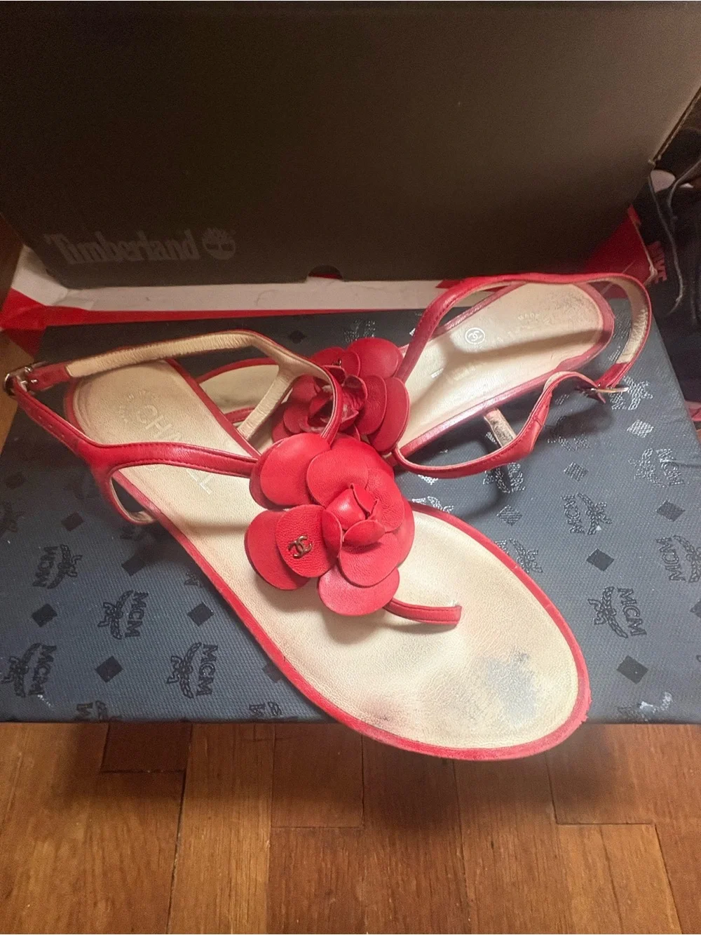 CHANEL Red Camellia Leather T-Strap Sandals